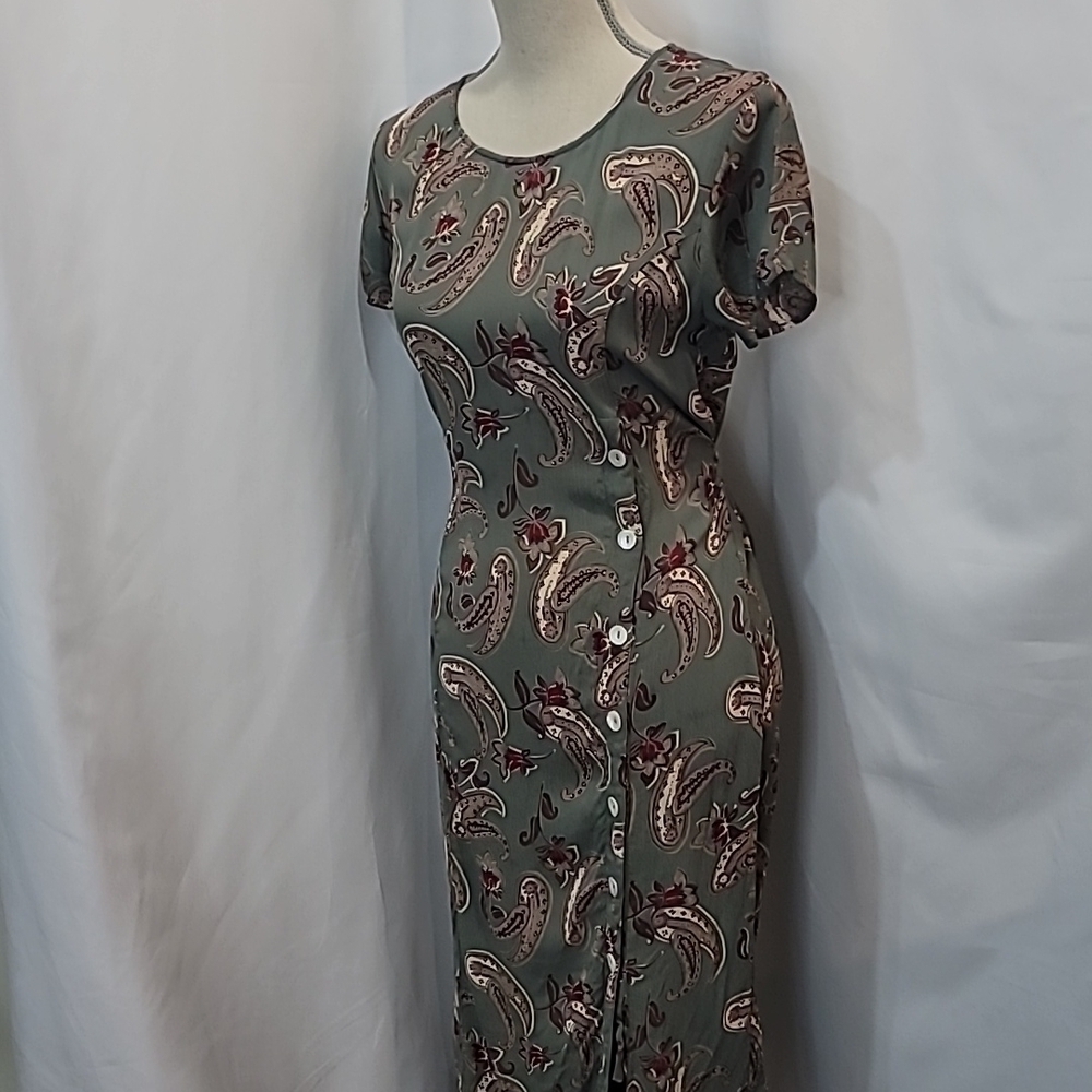 VINTAGE* FRENCH CONNECTION paisley sage midi maxi dress button up slit